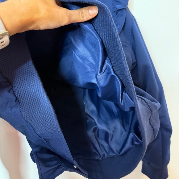 Maeve Anthropologie Ruffle Snap Front Funnel Neck Navy Blue Bomber Jacket small - Picture 9 of 12